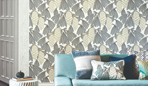 Harlequin Salinas grey and white wallpaper in sitting room